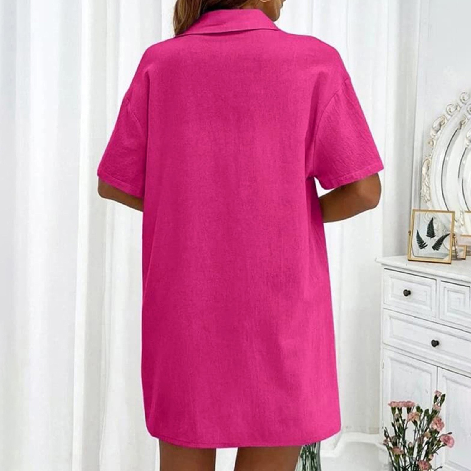 thumbnail image 5 of Conjunto de 2 piezas para mujer con camisa con solapa y pantalones cortos: color liso, traje informal de verano, poliéster, corte ajustado, tallas S-XL, ropa para vacaciones/fiestas, 5 of 8